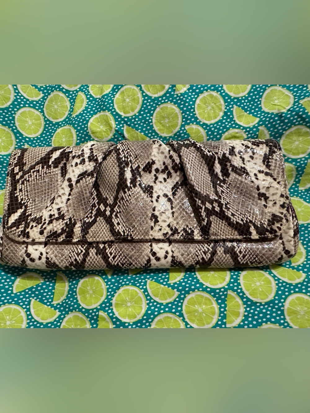 Lauren Merkin Snake-Print Foldover Clutch in Taupe and Black